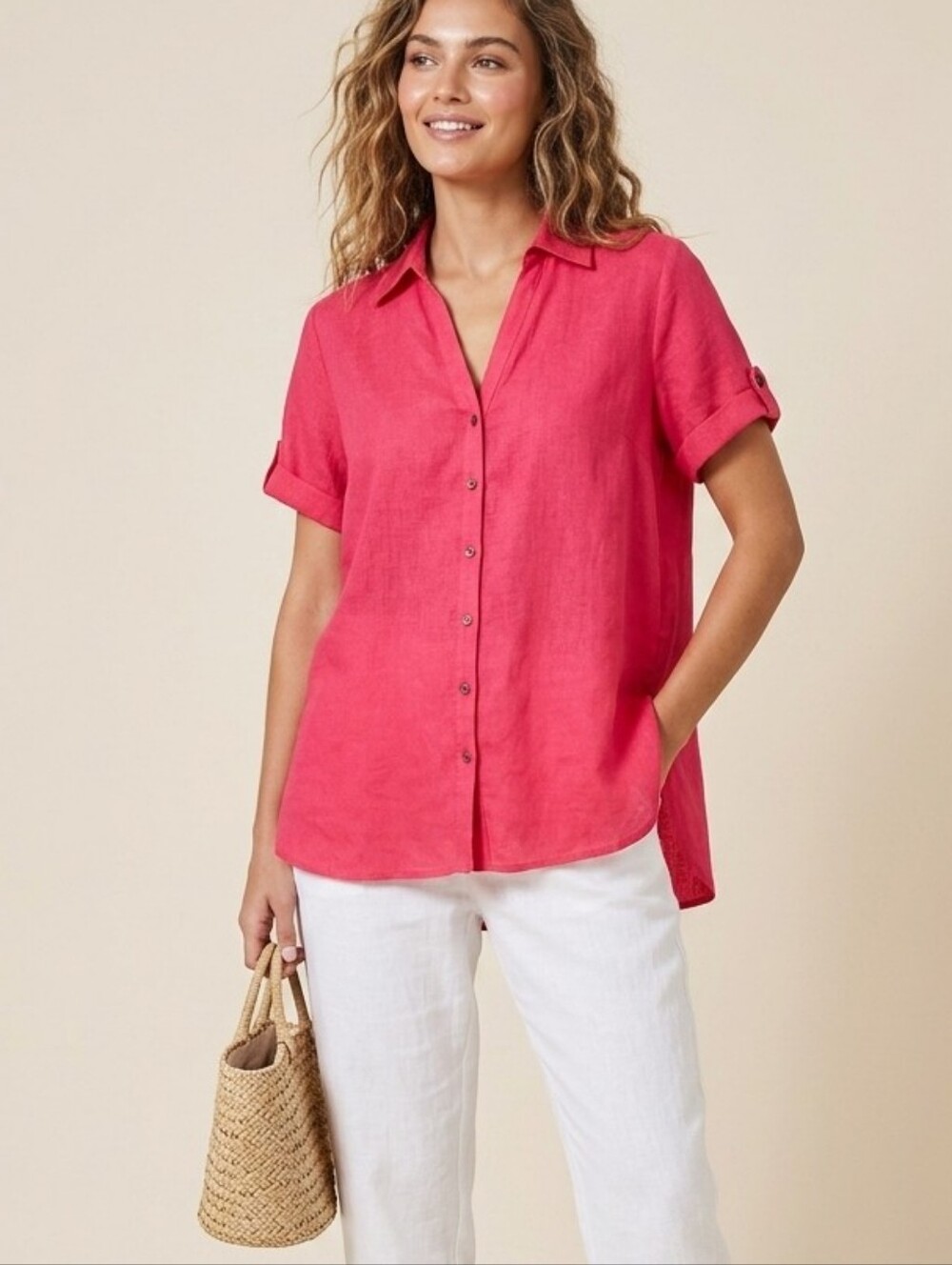 Iyla Linen Rayon Short Sleeve Blouse Relaxed Fit Pinkish Red Color